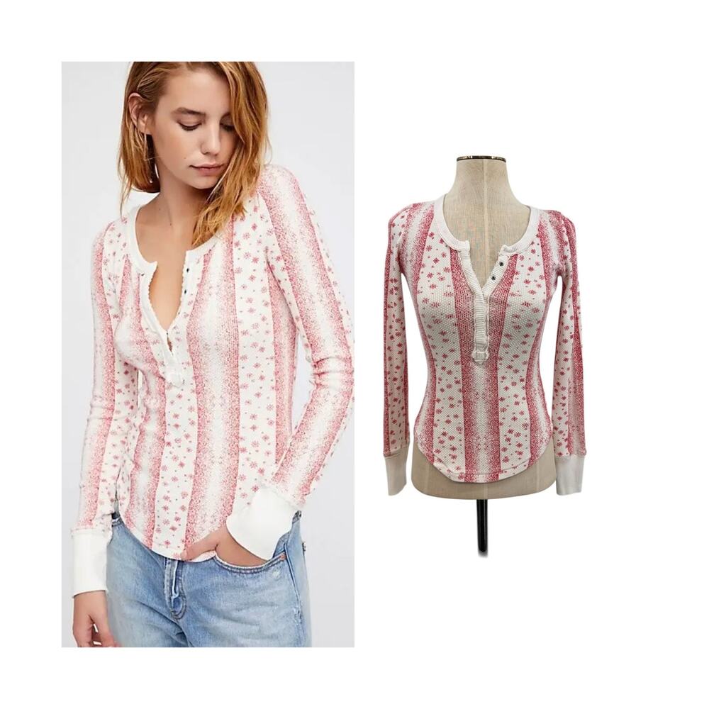 Free People Lulu Lace Henley Top Red Cream White Thermal Long Sleeve XS